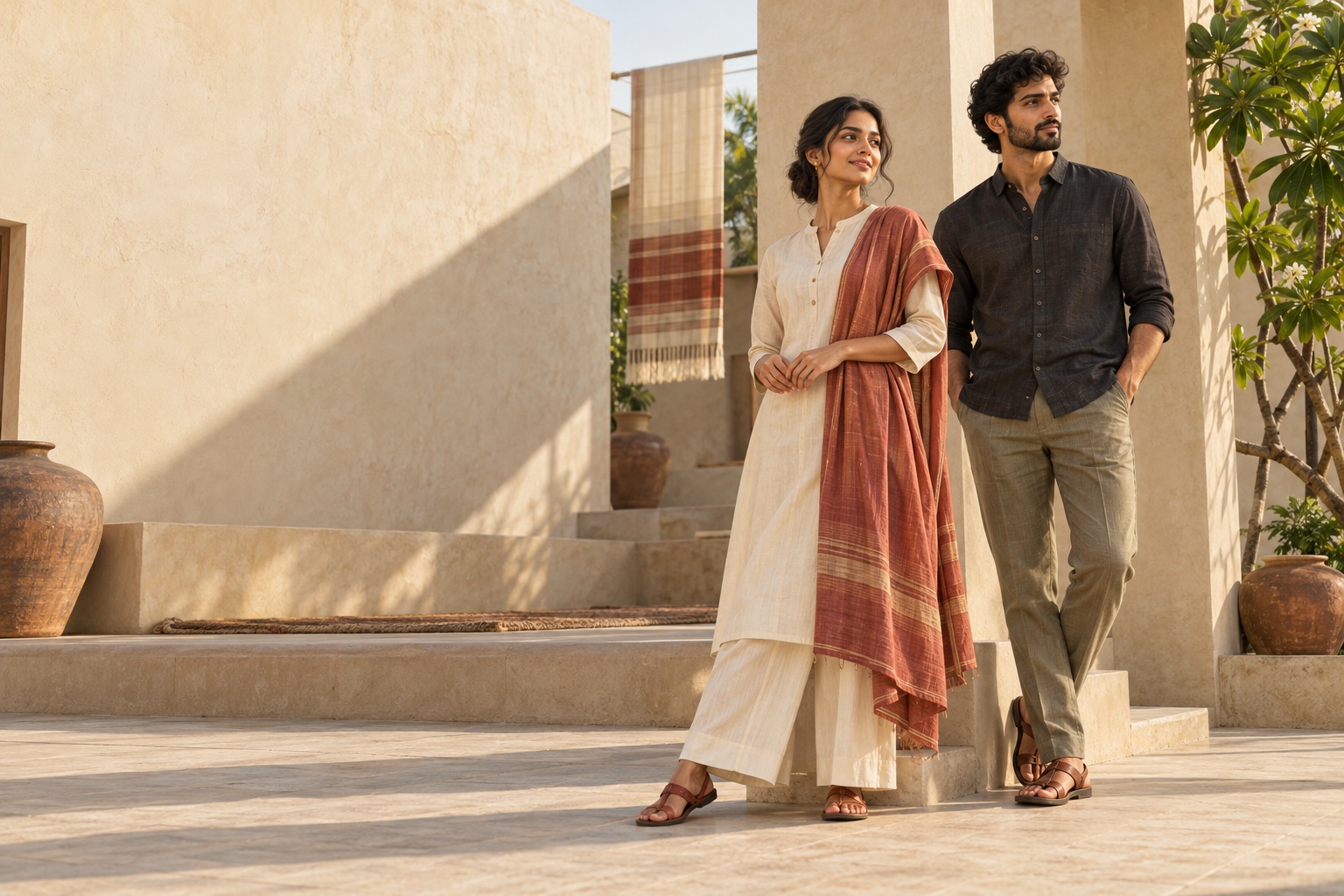 A woman and man wearing contemporary cotton clothing in a sunlit Tamil courtyard