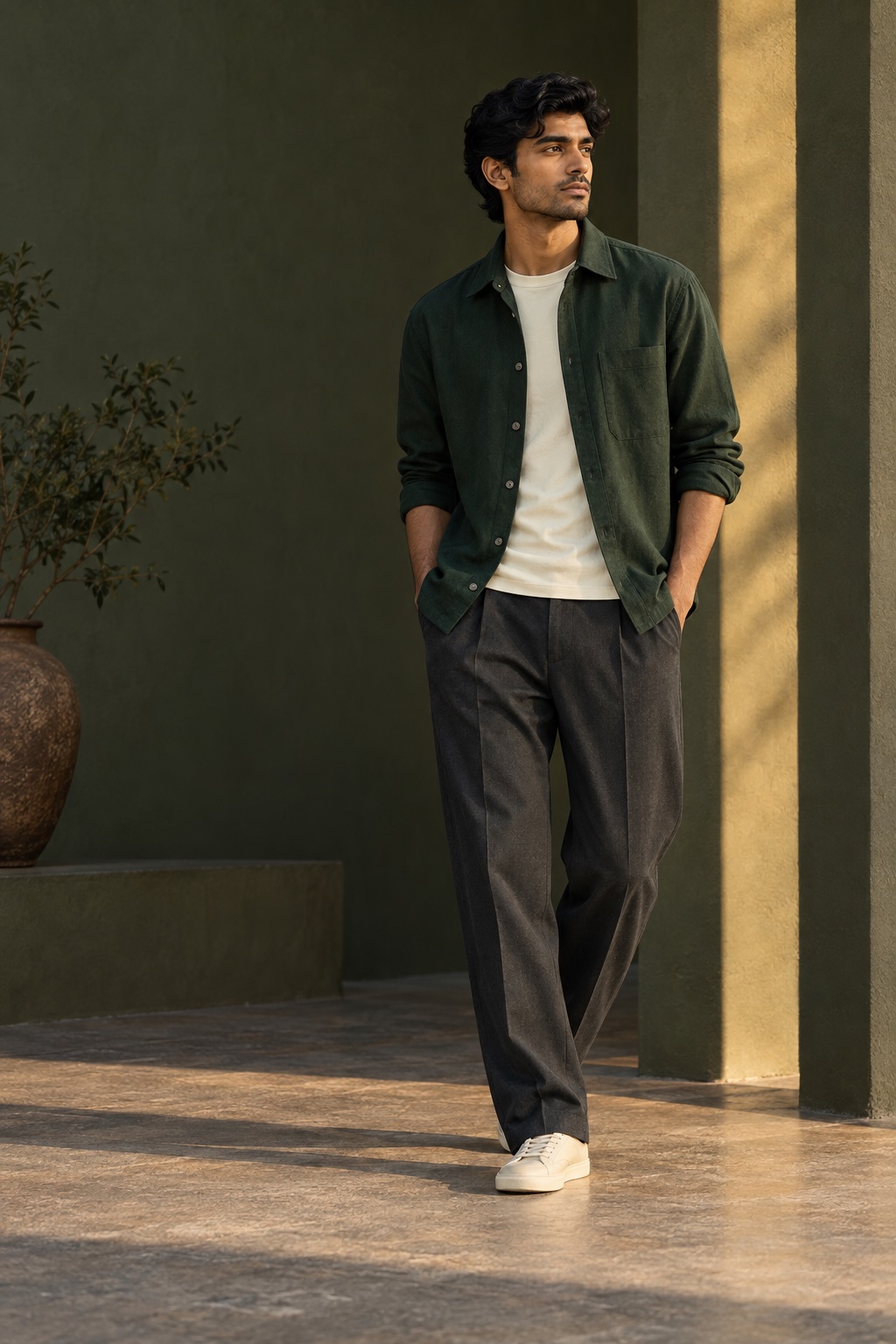 Man wearing a forest-green overshirt and relaxed charcoal trousers